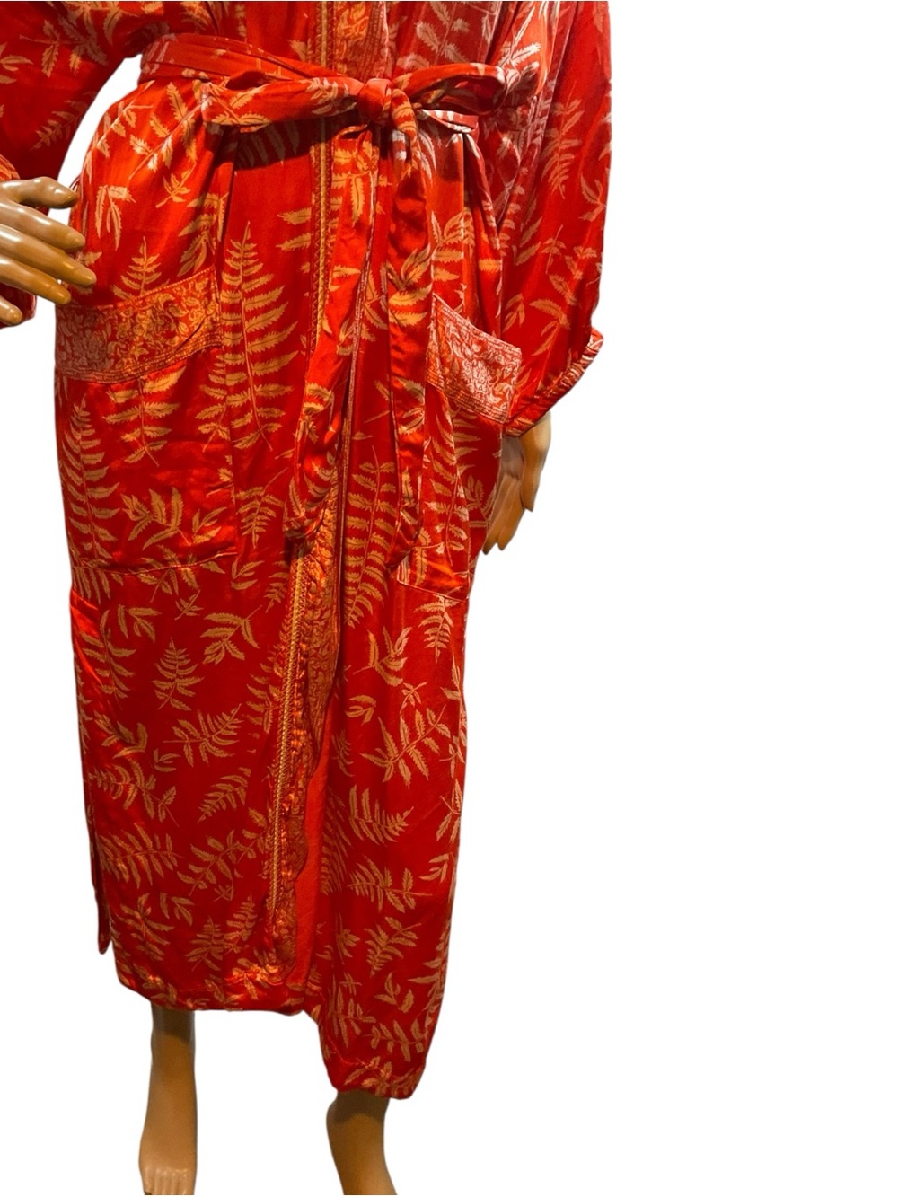 Zara Red Satin Floral-Leaf Kimono Robe with Tie Belt - Picture 3 of 16